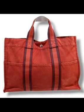 Hermes Canvas Tote in Rust with Contrasting Stripe Handles